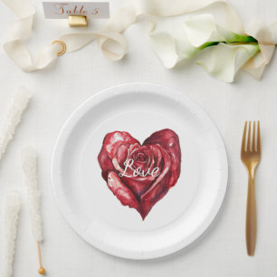 Romantic Red Rose Floral Heart Wedding Paper Plate
