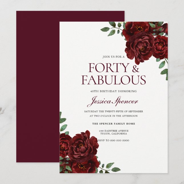 Romantic Red Rose Forty & Fabulous 40th Birthday Invitation (Front/Back)