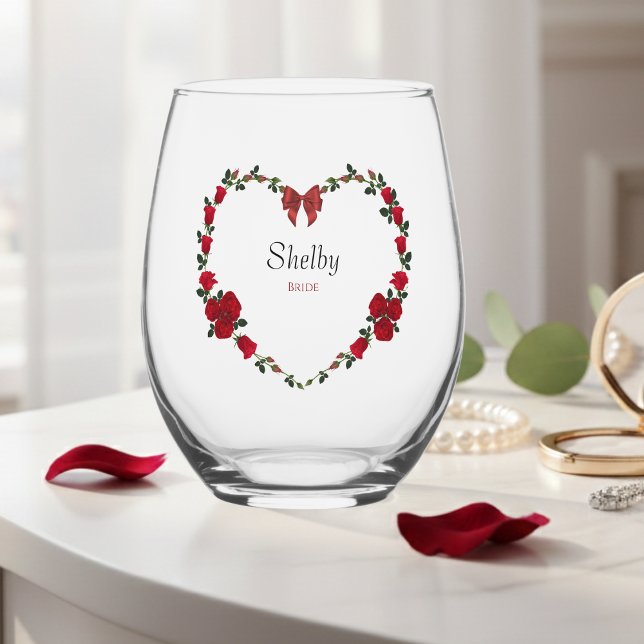 Romantic Red Rose Heart Bride To Be Drinkware Set Stemless Wine Glass (Romantic red rose heart wine glass, the perfect personalized gift for the bride-to-be.)