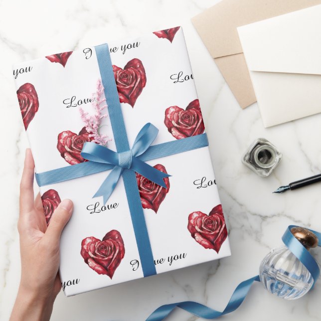 Romantic Red Rose Heart Love Wrapping Paper (Gifting)
