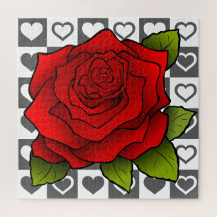 Romantic Red Rose & Hearts - Jigsaw Puzzle