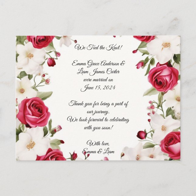 Romantic Red Rose & Lily of the Valley Wedding  Announcement Postcard (Front)