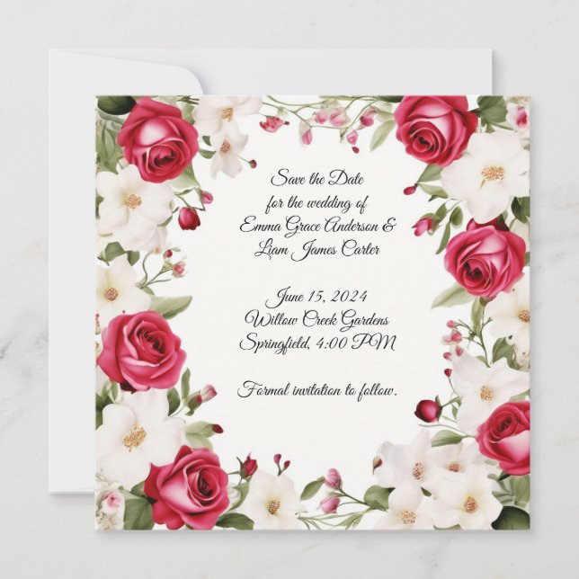 Romantic Red Rose & Lily of the Valley Wedding  Save The Date (Front)