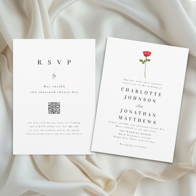 Romantic Red Rose Minimal Modern Wedding QR Code Invitation (Romantic red rose minimal modern wedding invitation Simple watercolor long stem flower art)