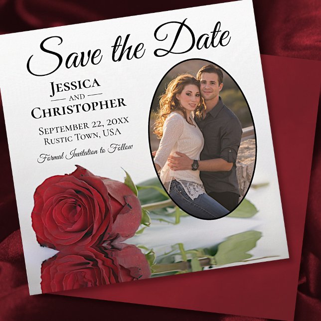 Romantic Red Rose on White with Oval Photo Wedding Save The Date (Creator Uploaded)
