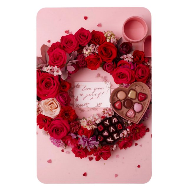 Romantic Red Rose Personalized Valentine Heart Magnet (Vertical)
