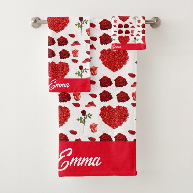 Romantic Red Rose Petal Heart Design Bath Towel Set (Insitu)
