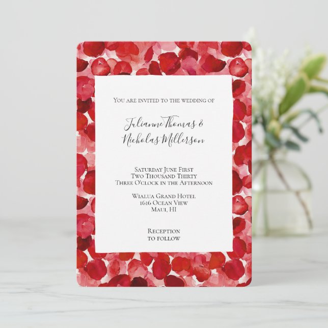 Romantic Red Rose Petals Floral Wedding Invitation (Standing Front)