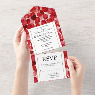 Romantic Red Rose Petals Wedding All In One Invitation