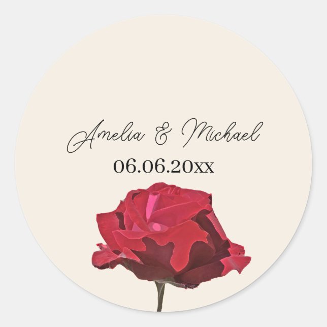 Romantic Red Rose Save the Date Classic Round Sticker (Front)