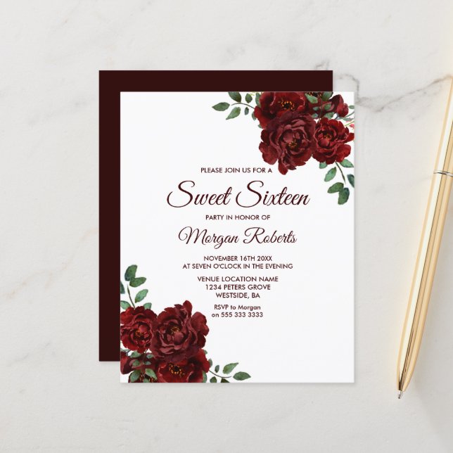 Romantic Red Rose Sweet 16 Budget Invitation (Front/Back In Situ)