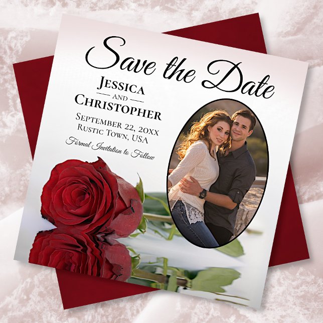Romantic Red Rose with Oval Photo Wedding Save The Date (Creator Uploaded)