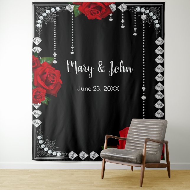 Romantic Red Roses And Diamonds Photo Backdrop Tapestry (In Situ)