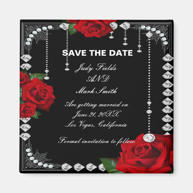 Romantic Red Roses And Diamonds Save The Date Magnet (Front)