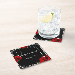 Romantic Red Roses And Diamonds Square Paper Coaster