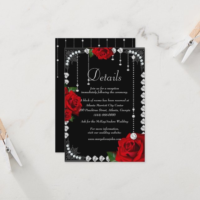 Romantic Red Roses And Diamonds Wedding Details Invitation (Front/Back In Situ)