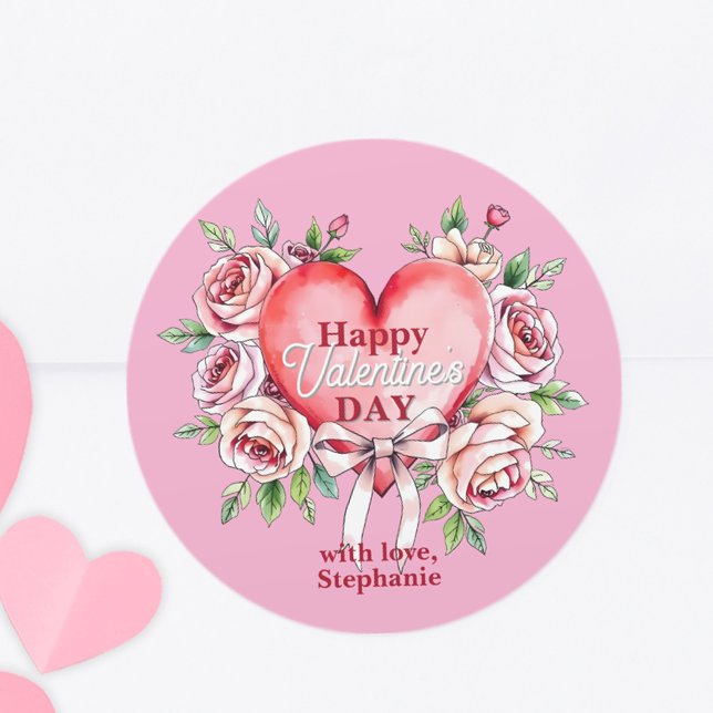 Romantic Red Roses and Heart Valentine's Day Classic Round Sticker (Creator Uploaded)