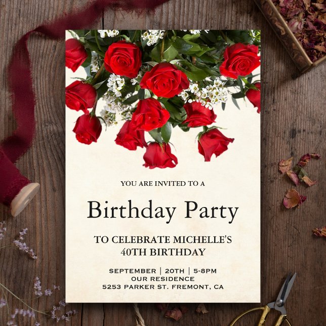 Romantic Red Roses Bouquet Birthday Party Invitation (Creator Uploaded)