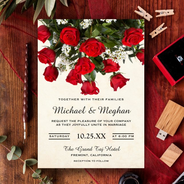 Romantic Red Roses Bouquet Wedding Invitation (Creator Uploaded)