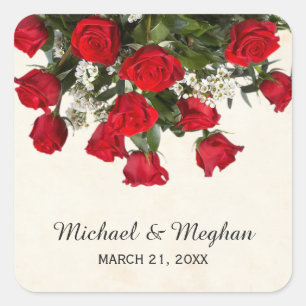 Romantic Red Roses Bouquet Wedding Square Sticker