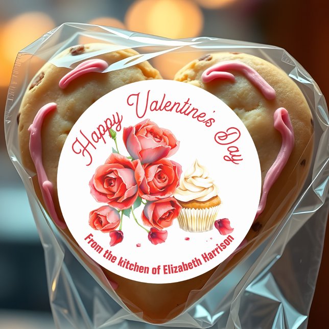 Romantic Red Roses Cupcake Valentine's Day Baking Classic Round Sticker (Creator Uploaded)