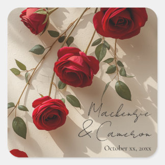 Romantic Red Roses Custom Name Square Sticker