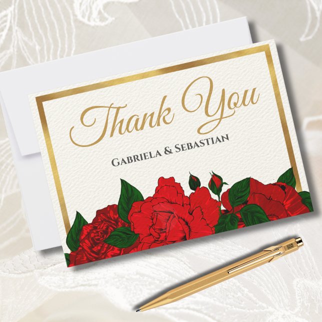 Romantic Red Roses | Elegant Script Wedding Thank You Card (Creator Uploaded)