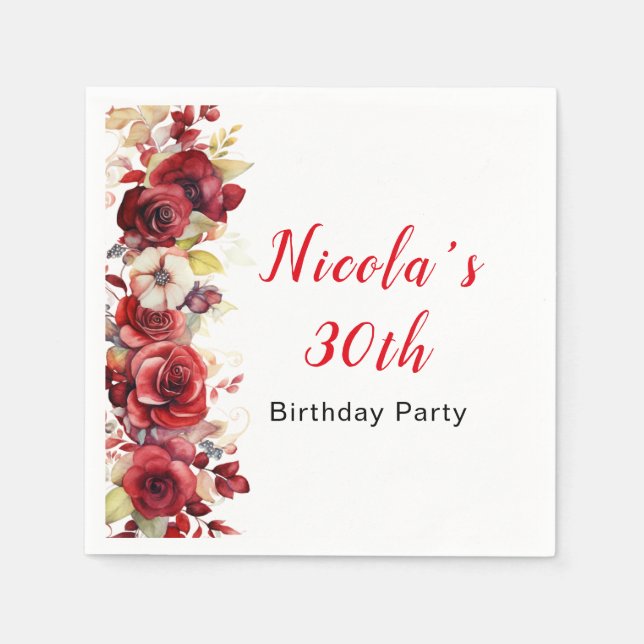 Romantic Red Roses Floral Birthday Napkin (Front)