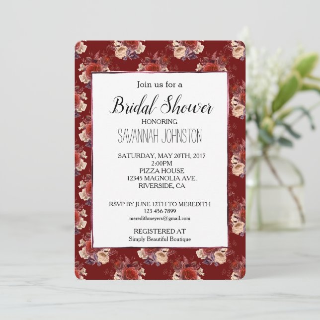 Romantic Red Roses Floral Bridal Shower Invitation (Standing Front)