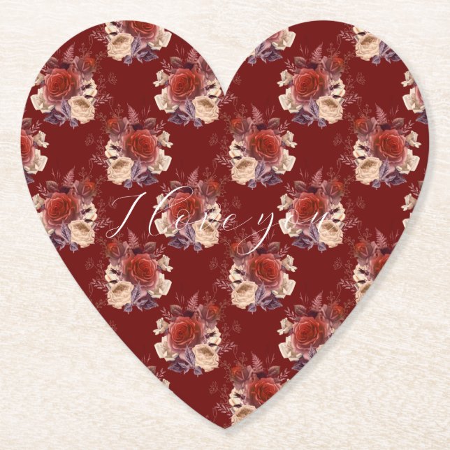 Romantic Red Roses Floral Paper Coaster (Front)