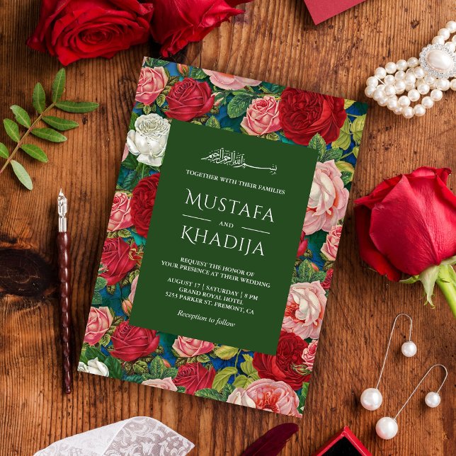 Romantic Red Roses Floral Pattern Islamic Wedding Invitation (Creator Uploaded)