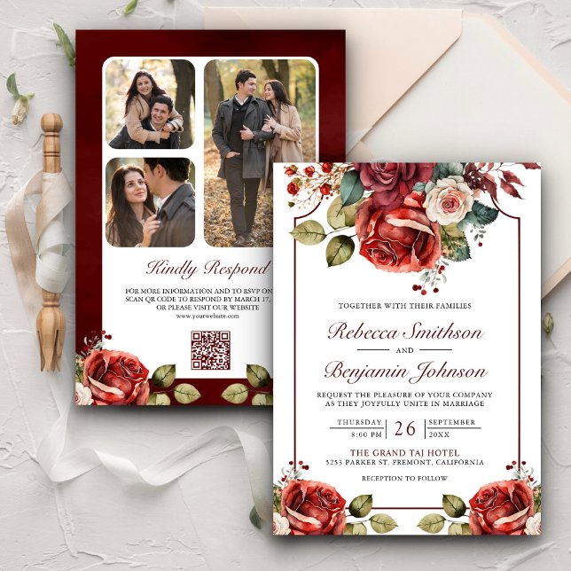 Romantic Red Roses Floral Photo QR Code Wedding Invitation (Creator Uploaded)