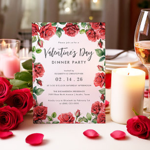 Romantic Red Roses Floral Valentine's Day Dinner Invitation