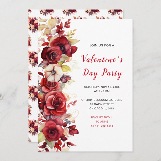 Romantic Red Roses Floral Valentine's Party Invitation (Front/Back)