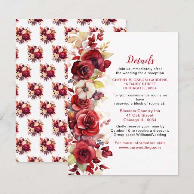 Romantic Red Roses Floral Wedding Details Enclosure Card (Front/Back)