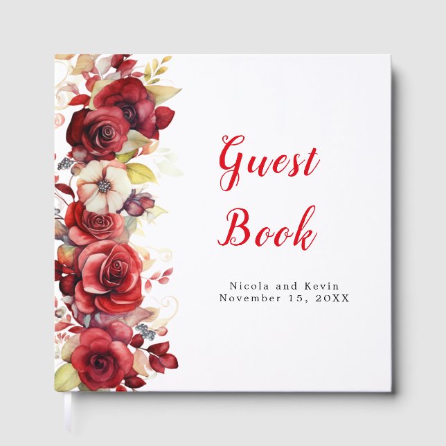 Romantic Red Roses Floral Wedding Guest Book (Front)