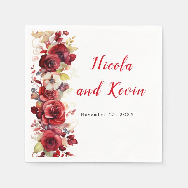 Romantic Red Roses Floral Wedding Napkin (Front)