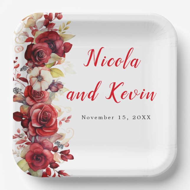 Romantic Red Roses Floral Wedding Paper Plate (Front)