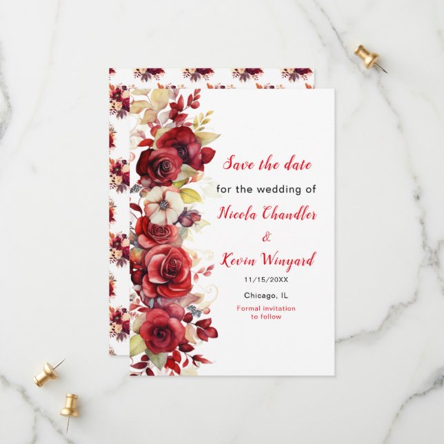 Romantic Red Roses Floral Wedding  Save The Date (Front/Back In Situ)