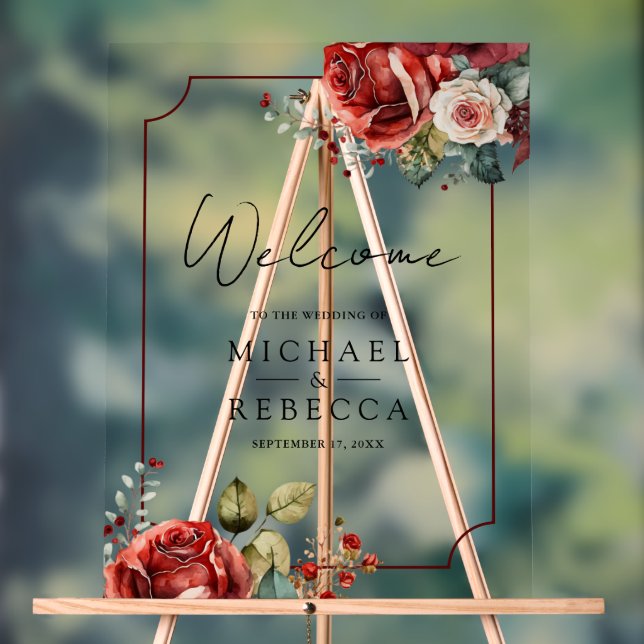 Romantic Red Roses Floral Wedding Welcome Acrylic Sign (Neutral)