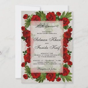 Romantic Red Roses Frame Islamic Muslim Wedding Invitation