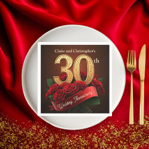Romantic Red Roses Gold 30th Wedding Anniversary Napkin