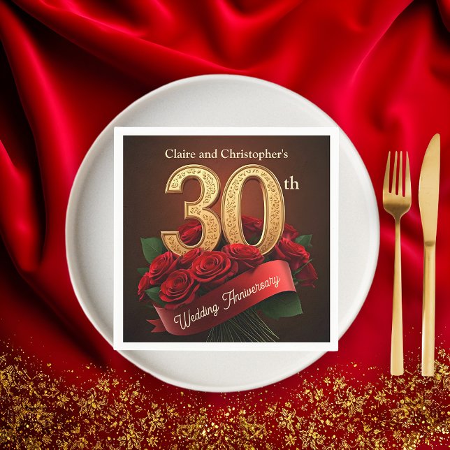 Romantic Red Roses Gold 30th Wedding Anniversary Napkin (Creator Uploaded)