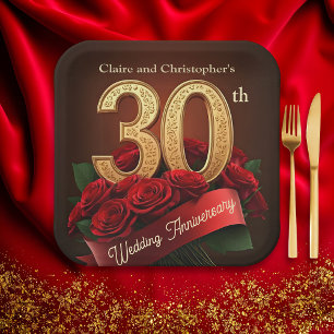 Romantic Red Roses Gold 30th Wedding Anniversary Paper Plate