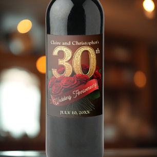 Romantic Red Roses Gold 30th Wedding Anniversary Wine Label
