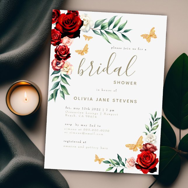 Romantic Red Roses Gold Butterflies Bridal Shower Invitation (Creator Uploaded)