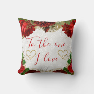 Romantic Red Roses & Gold Diamond Hearts Cushion