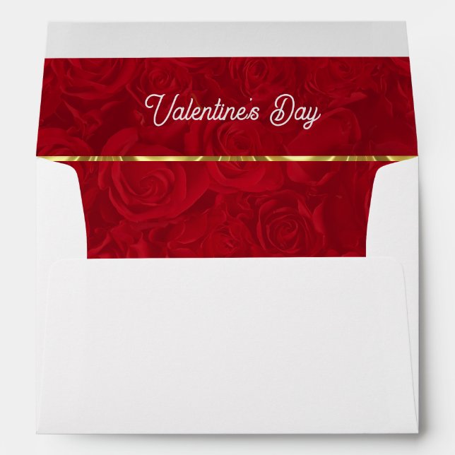 Romantic Red Roses Gold Stripes Accent Envelope (Back (Bottom))
