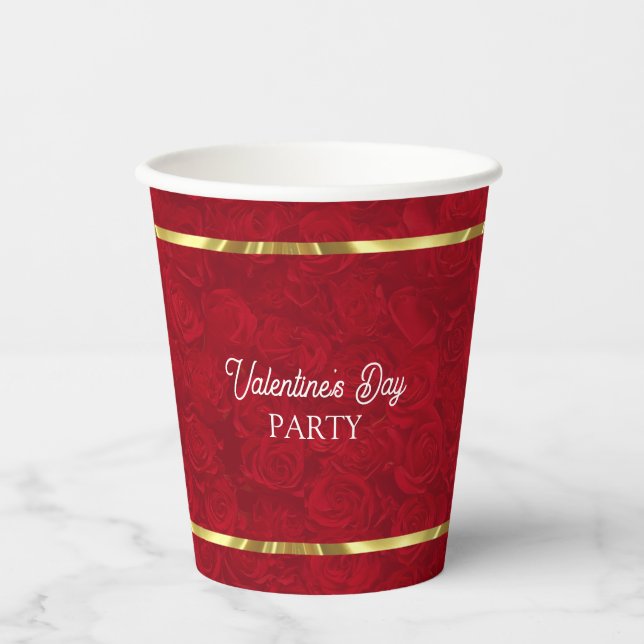 Romantic Red Roses Gold Stripes Accent Paper Cups (Front)