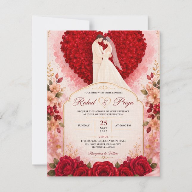 Romantic Red roses heart weeding invitation card. (Front)
